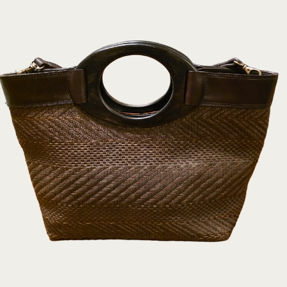Vintage Fossil Espresso Brown Rattan  Shoulder Bag Wood Handle EUC - Picture 4 of 13